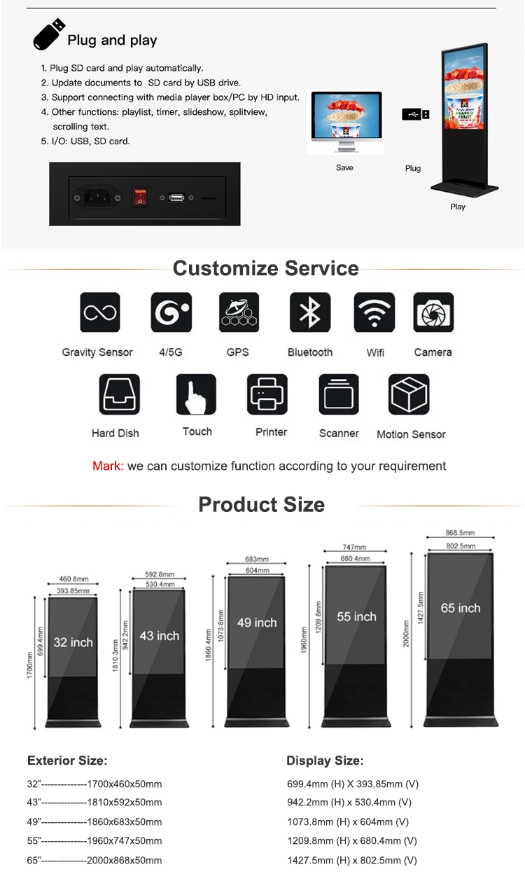 Network Wi-Fi Indoor Touch Screen Advertising LCD Display Digital Signage